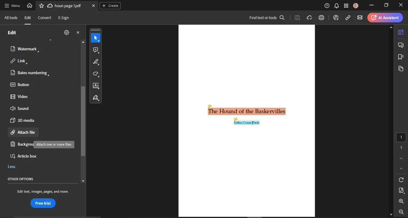 navigating the edit tab and choosing attach file from the options