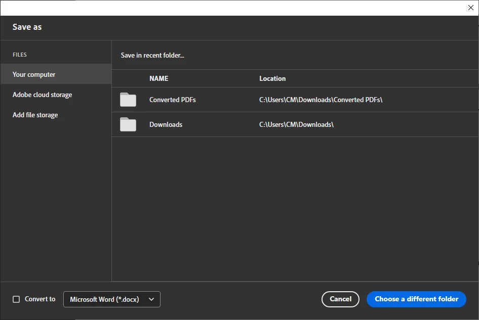 Choosing the location and saving the PDF document