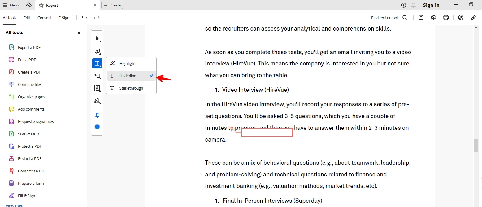 underline tool in Adobe Acrobat Reader