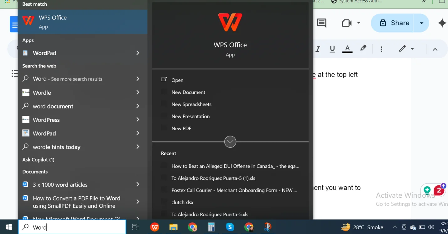 Screenshot of WPS Office being searched in the Windows Start menu, showing the search results with the WPS Office application icon and related options.