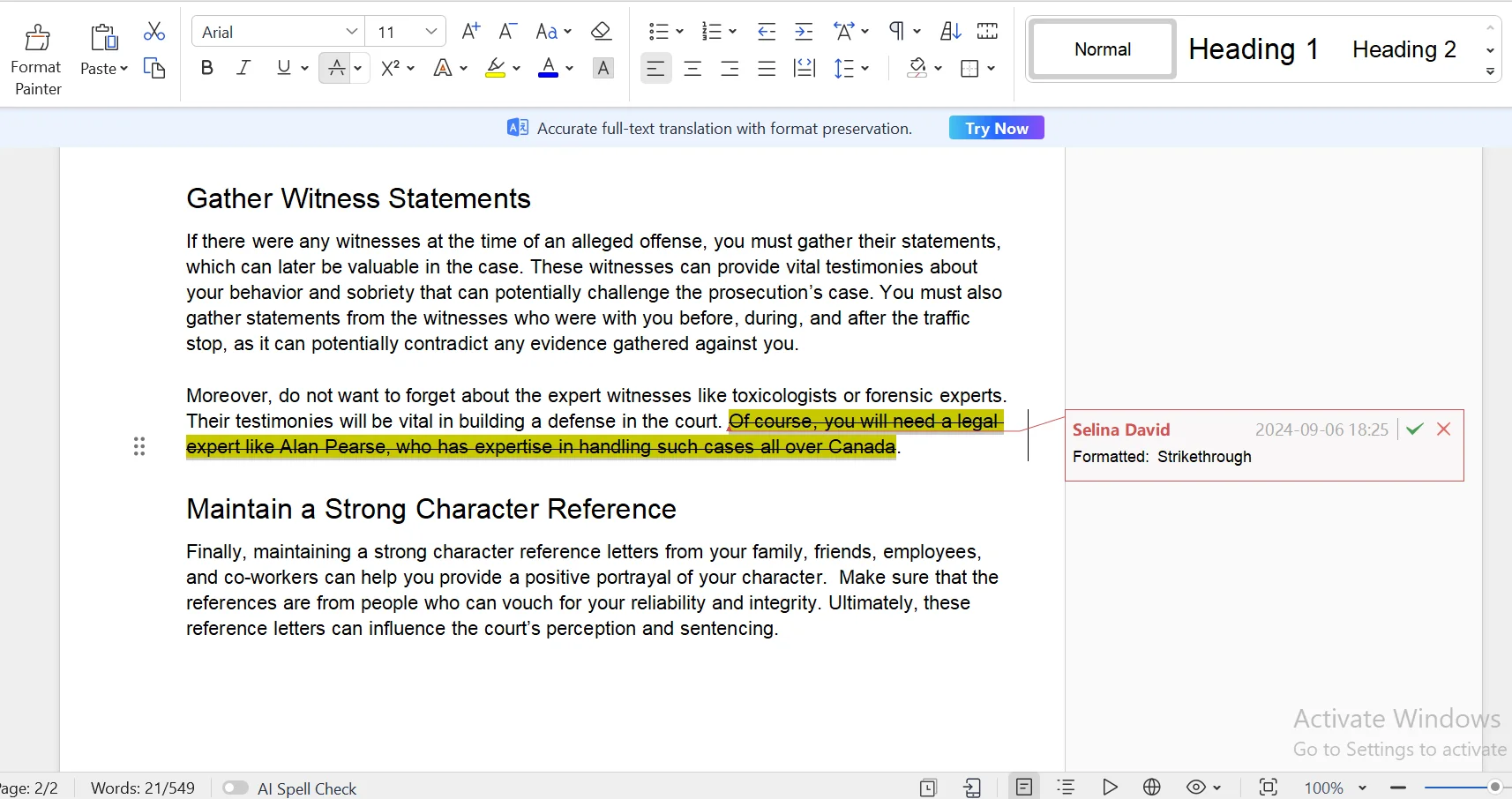 Screenshot of a document opened in WPS Office with text struck through using the Strikethrough option from the Home tab, showing the formatted text with a line through it and the Home tab toolbar with the Strikethrough button highlighted.