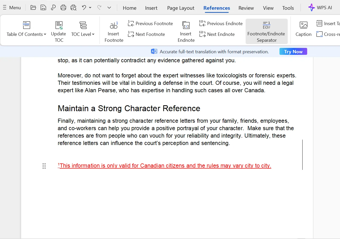 Screenshot of a document opened in WPS Office with a footnote added at the bottom of the page showing the main text linked to the footnote and the footnote content at the page's end