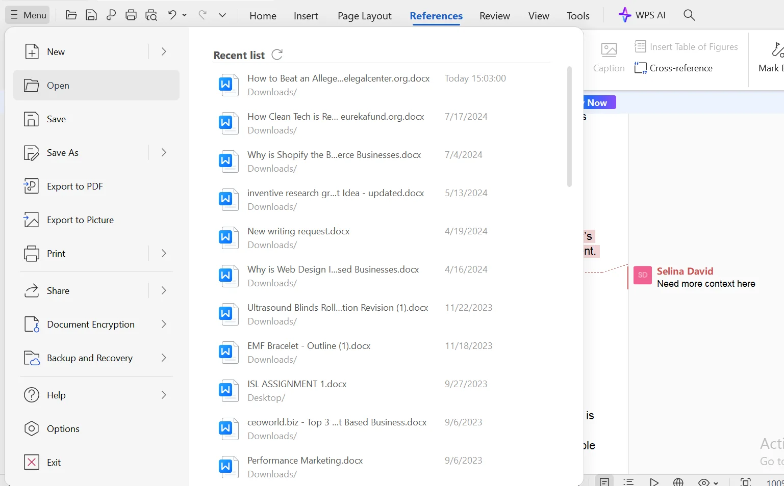 Screenshot of a WPS Office document with the 'Save' and 'Save As' options open, showing the dropdown menu for saving the document.