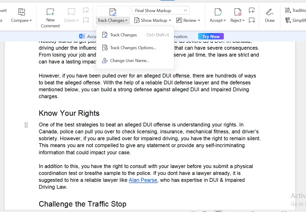 Screenshot of a document opened in WPS Office with the Track Changes feature enabled, showing marked edits and the review toolbar with options for accepting or rejecting changes