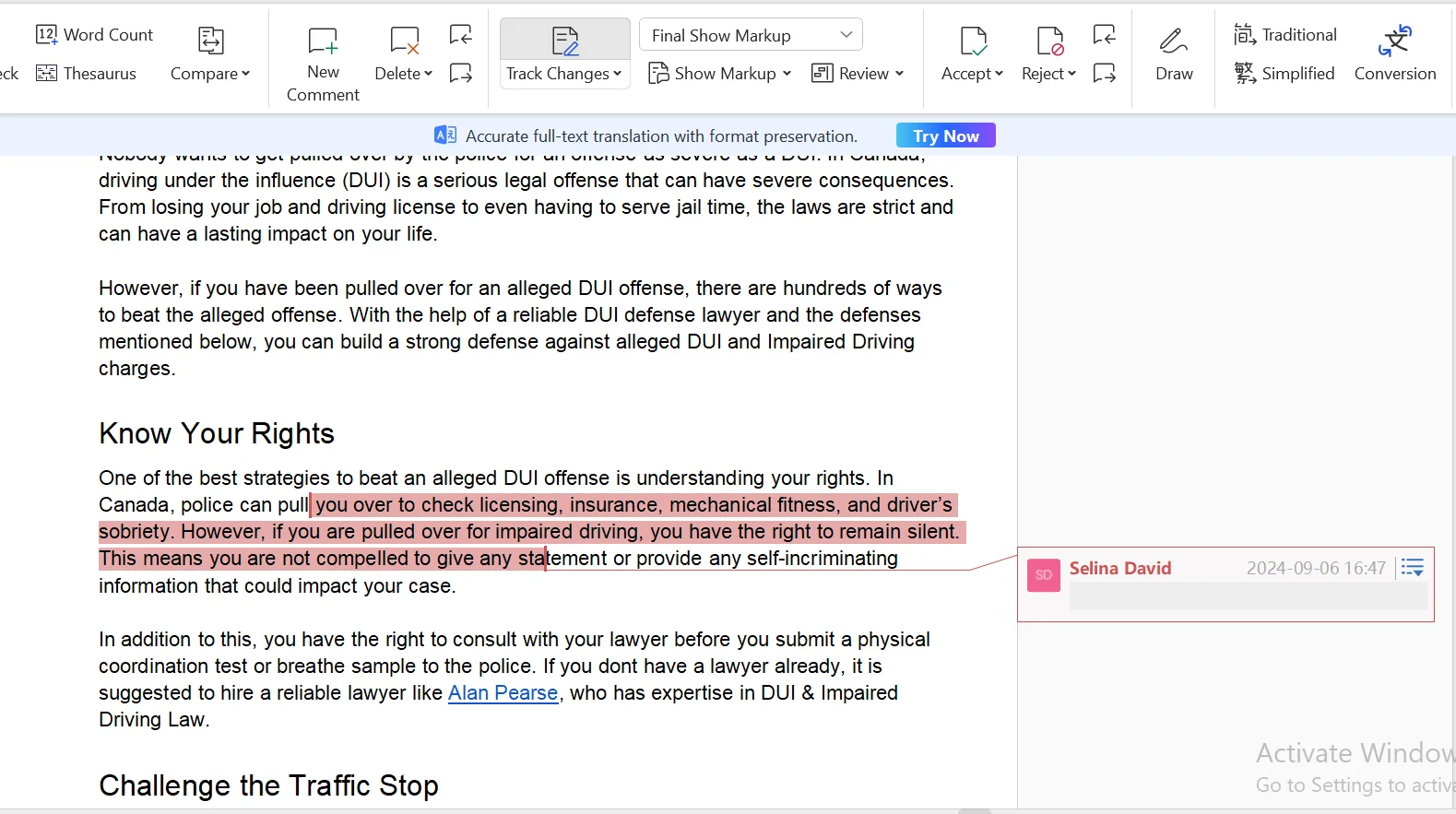 Screenshot of a document opened in WPS Office with the Add Comment option highlighted in the Review tab, showing a section of the document ready for annotation