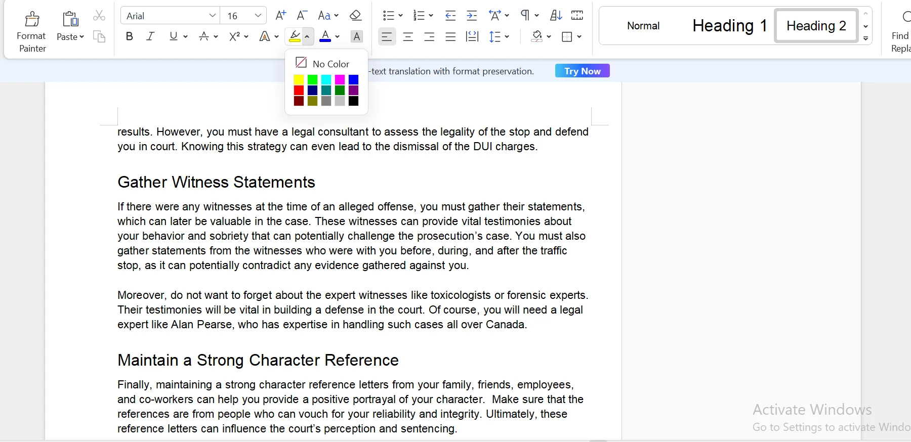 Screenshot of a document opened in WPS Office with the Highlight option selected in the Home tab, displaying the toolbar with formatting tools and highlighted text within the document