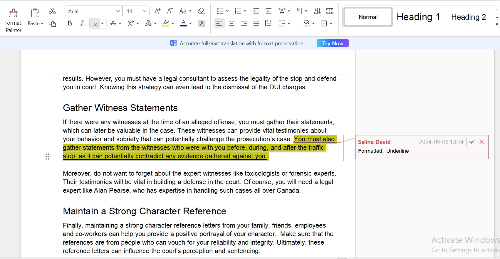 Screenshot of a document opened in WPS Office with text underlined using the Underline option from the Home tab, showing the formatted text and the Home tab toolbar with the Underline button highlighted.