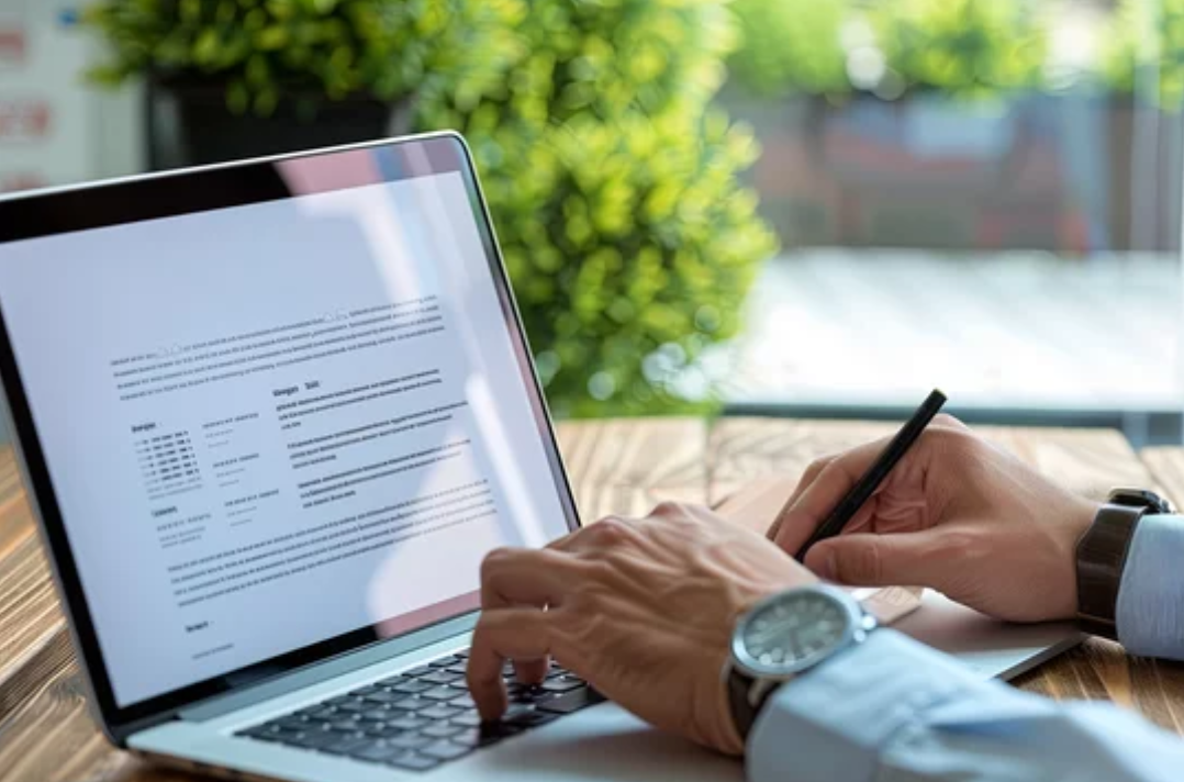 Man working on laptop annotating pdf