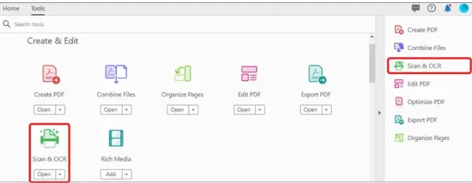 selecting scan and ocr from the tools center