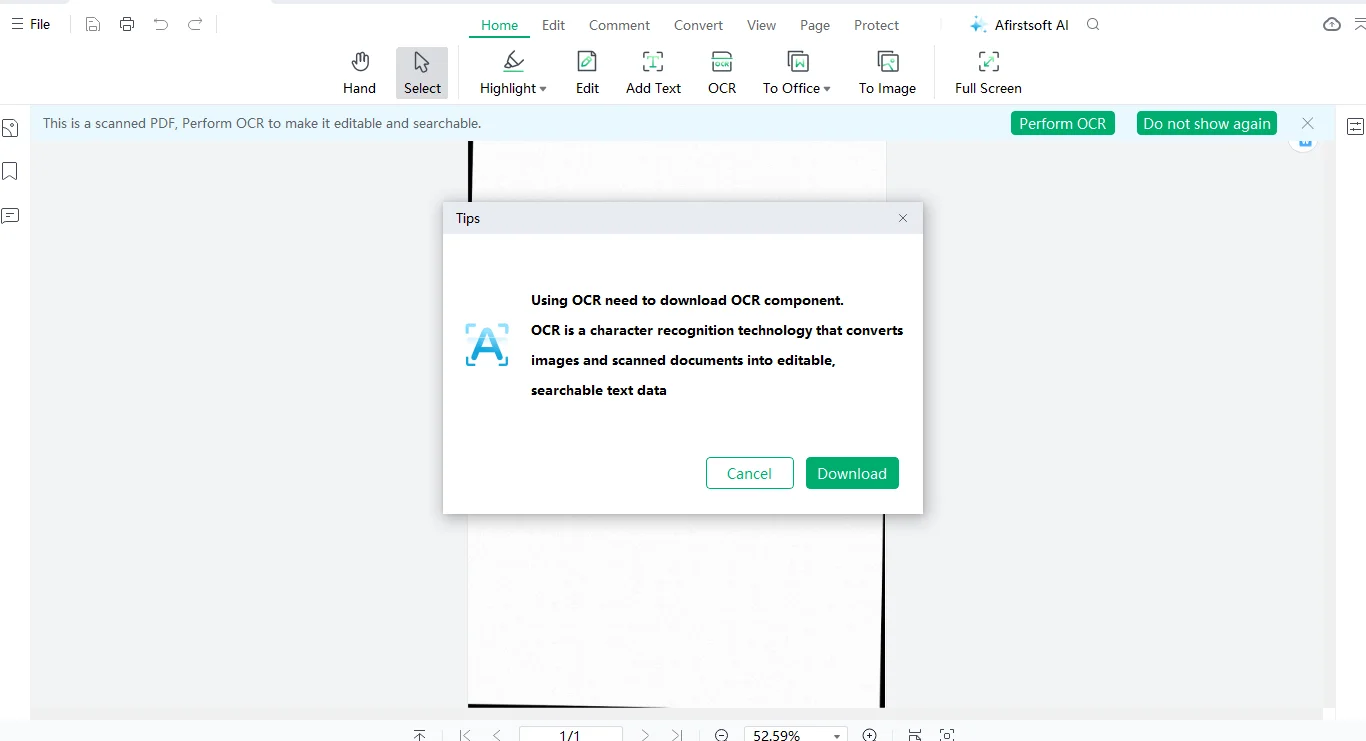 the tool asking to download the ocr component