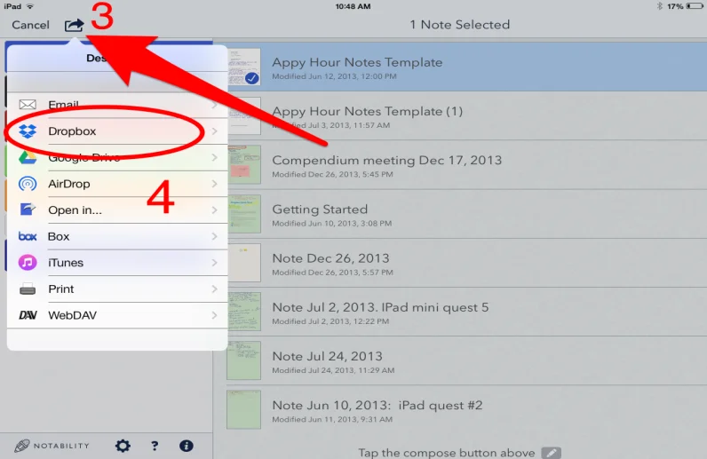 Screenshot on how to export your notes to different platforms like Dropbox