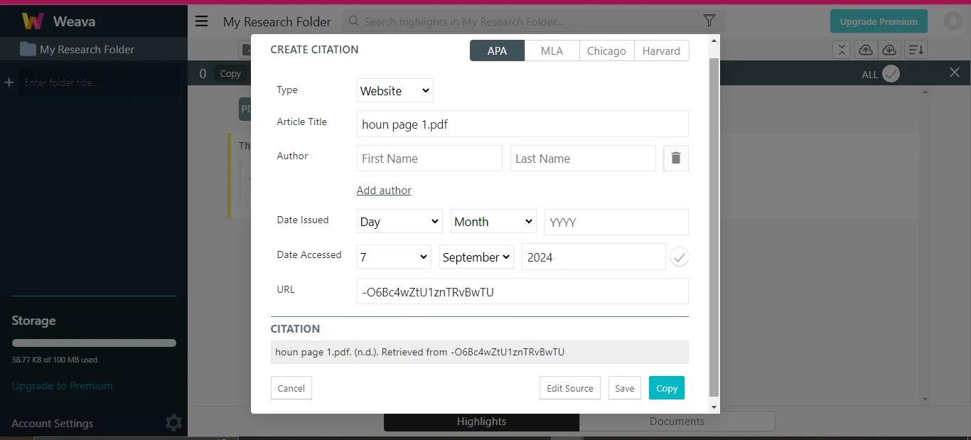 exposure to the create citation feature of Weava