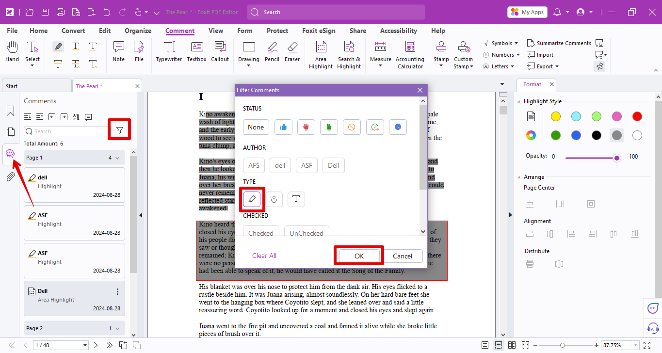 filtering highlight in foxit pdf editor