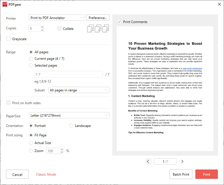 Print PDF with comments