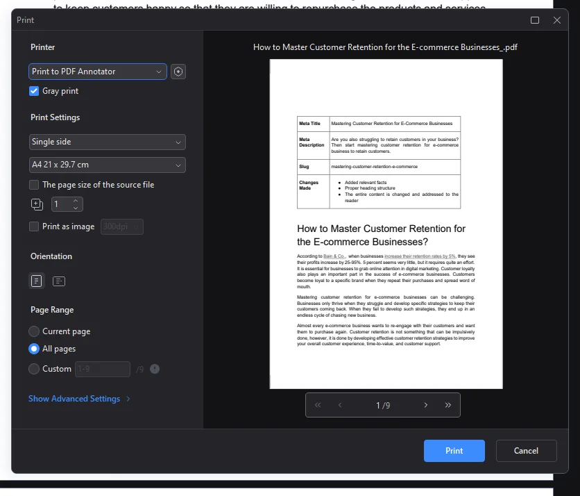 Print PDF with comments