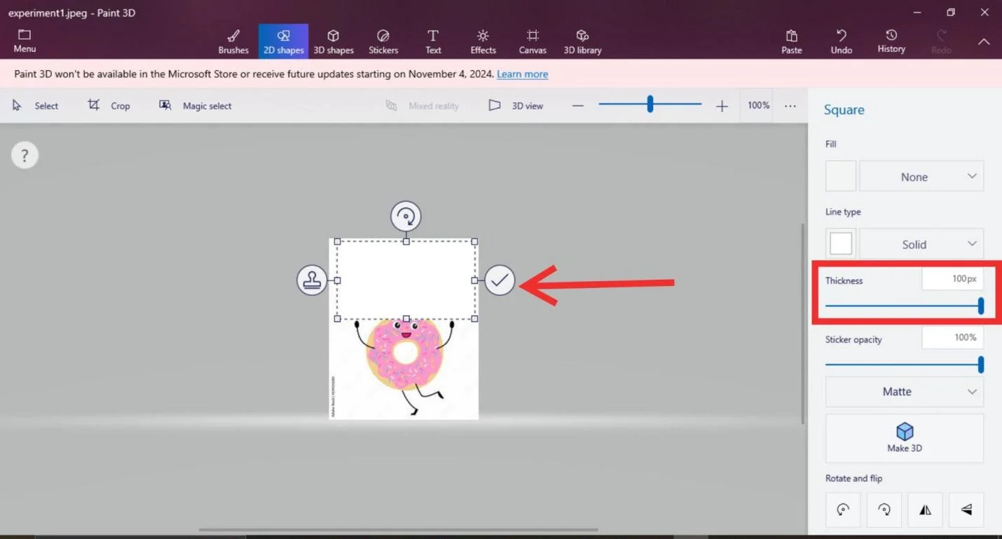 setting the thickness of the shape to 100 px