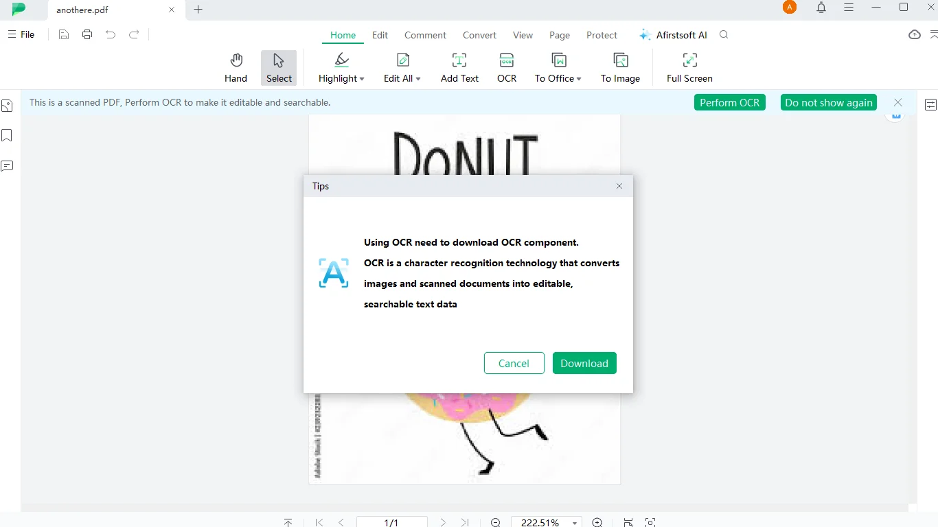 prompt to download the ocr component