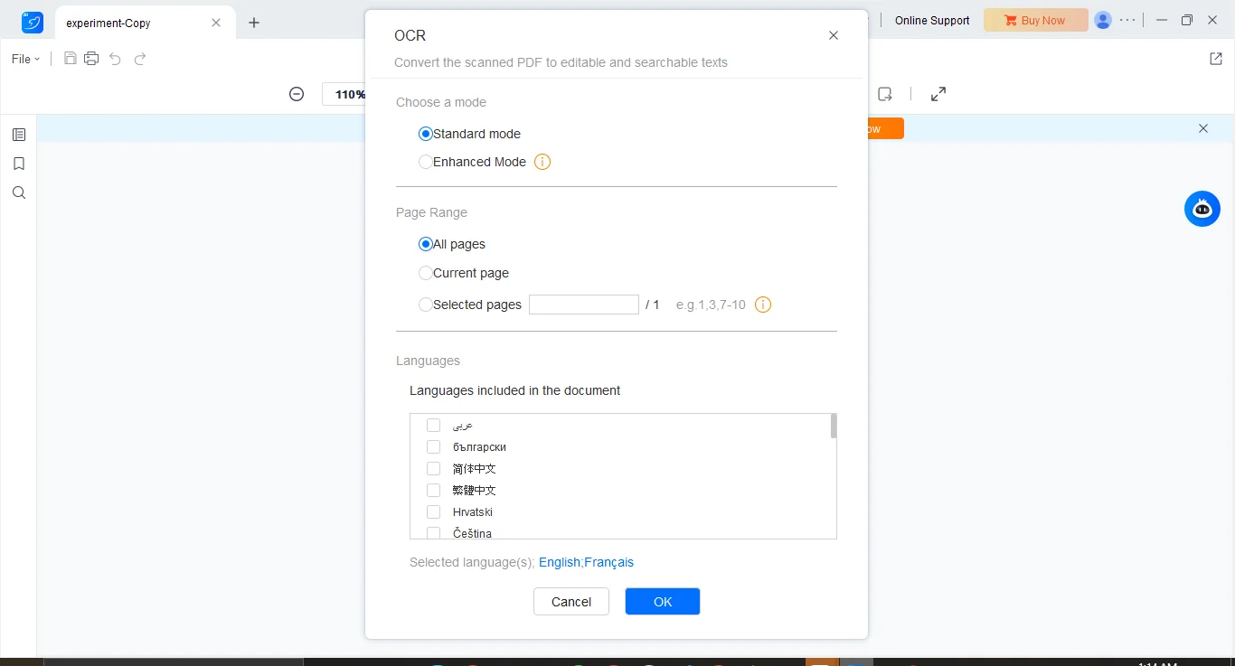 choosing mode, page range and languages included in the document before performing ocr