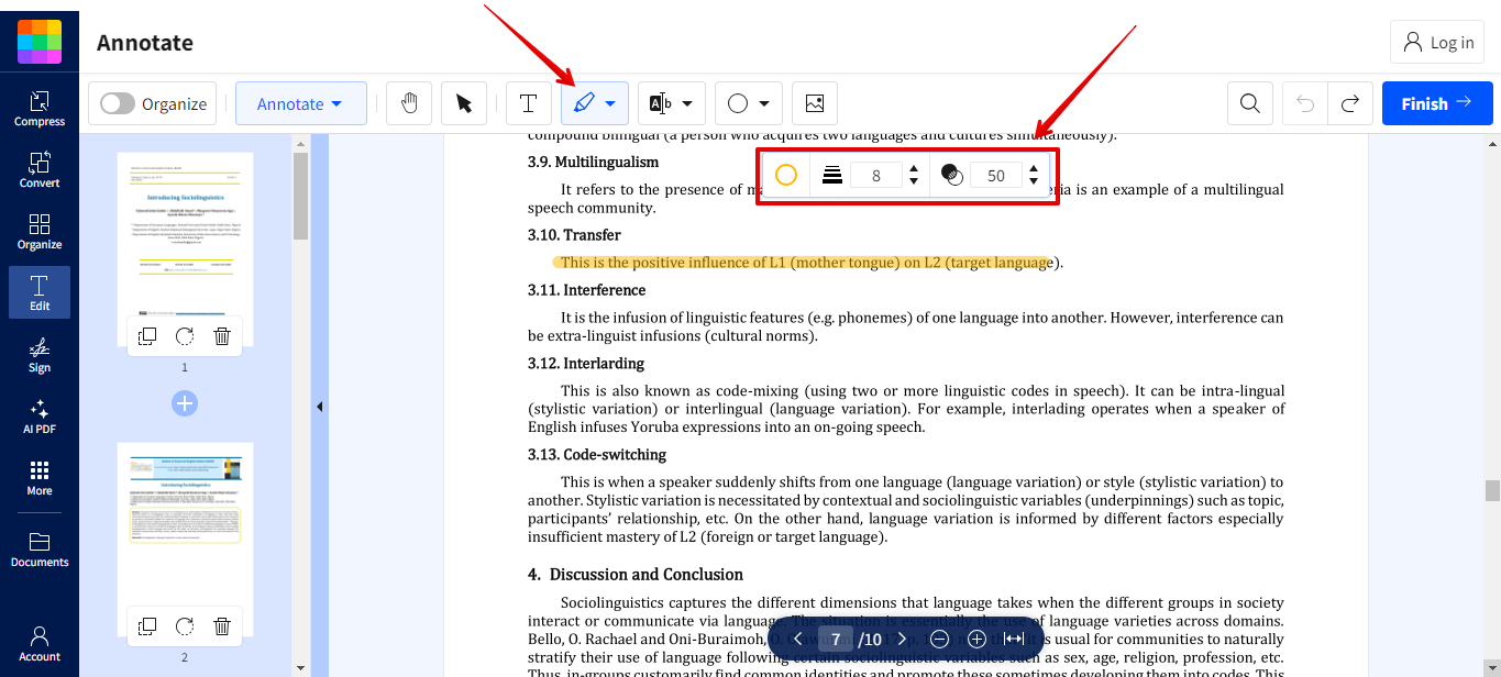 highlighting pdf in smallpdf