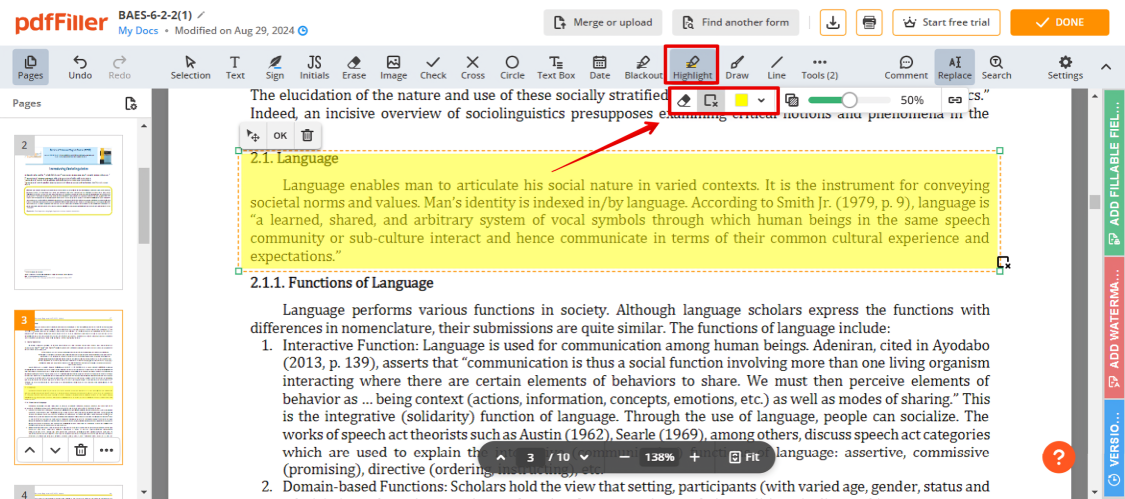 highlighting pdf in pdffiller