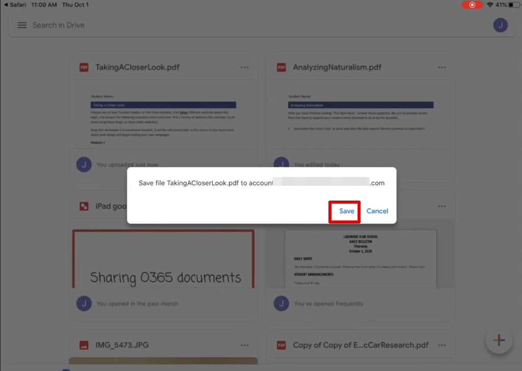 saving PDF to Drive on iPad