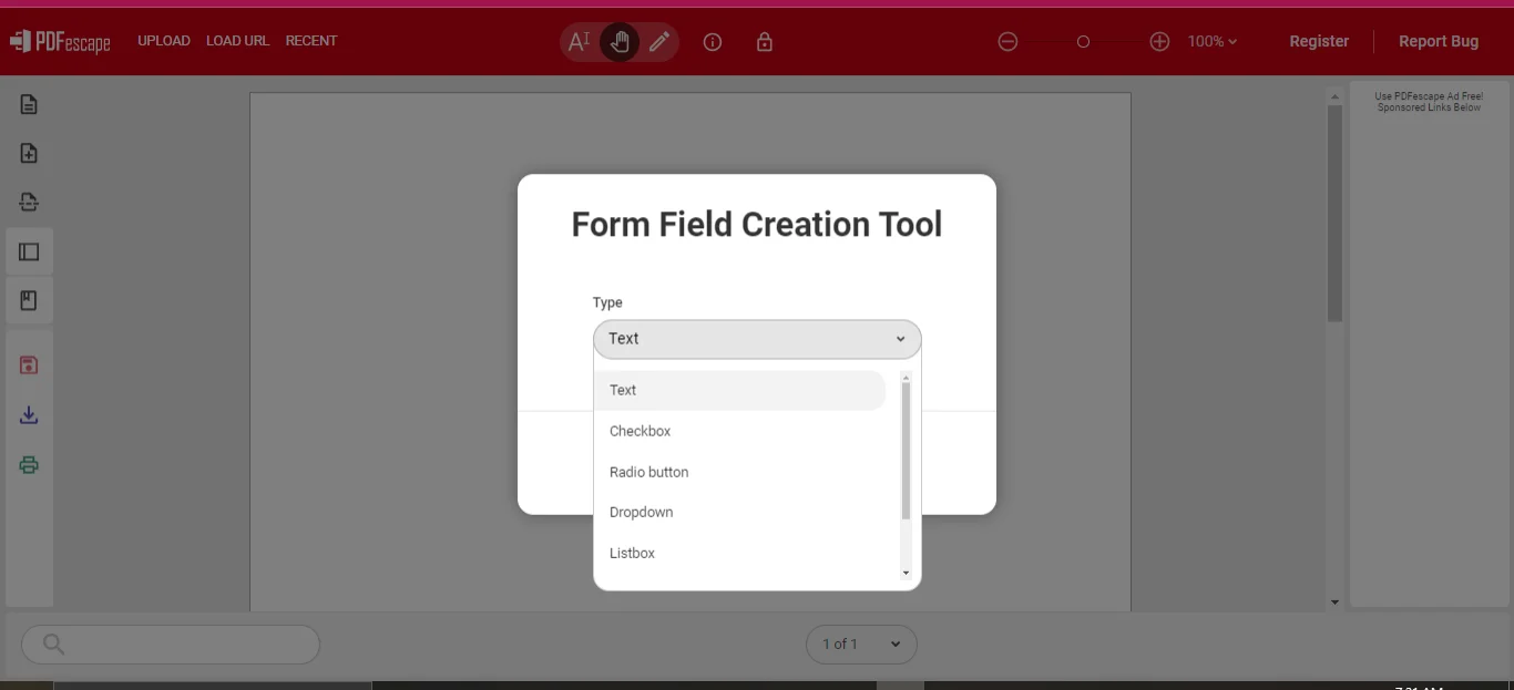 selecting text as the form field’s type