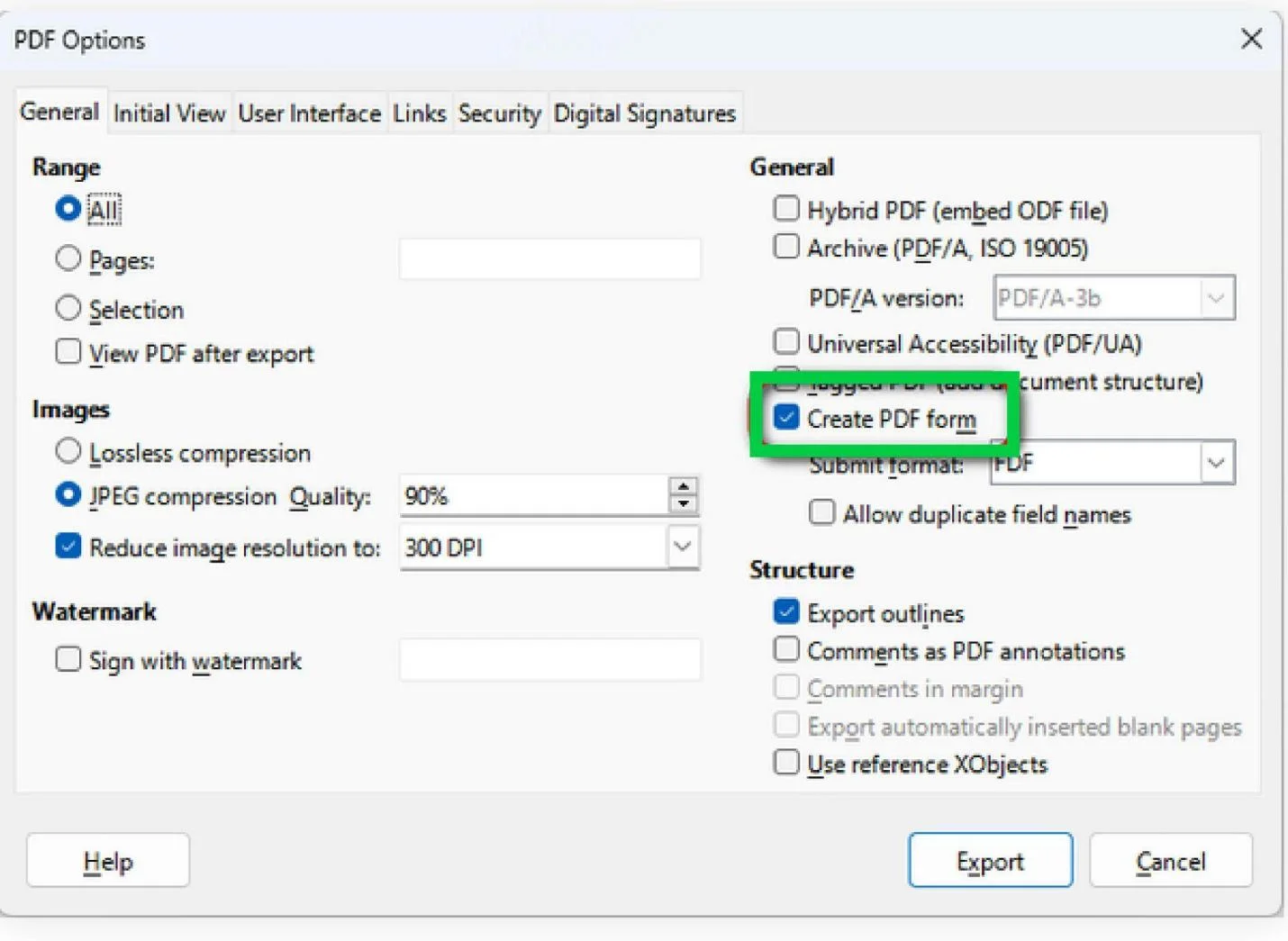 check marking the create pdf form option