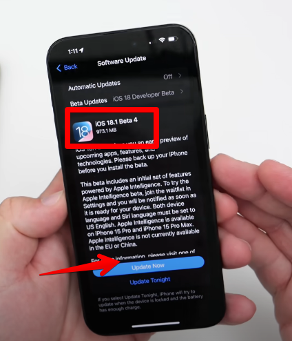 iOS 18.1 Beta 4 installation on iPhone