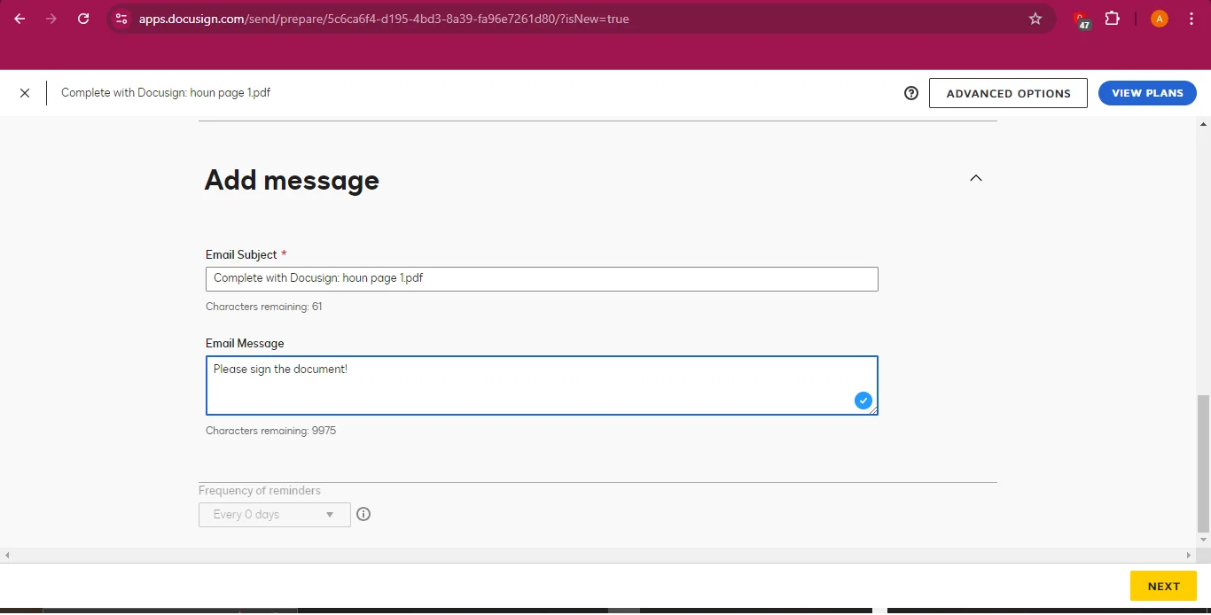 customizing the email subject and message and setting the frequency of reminders