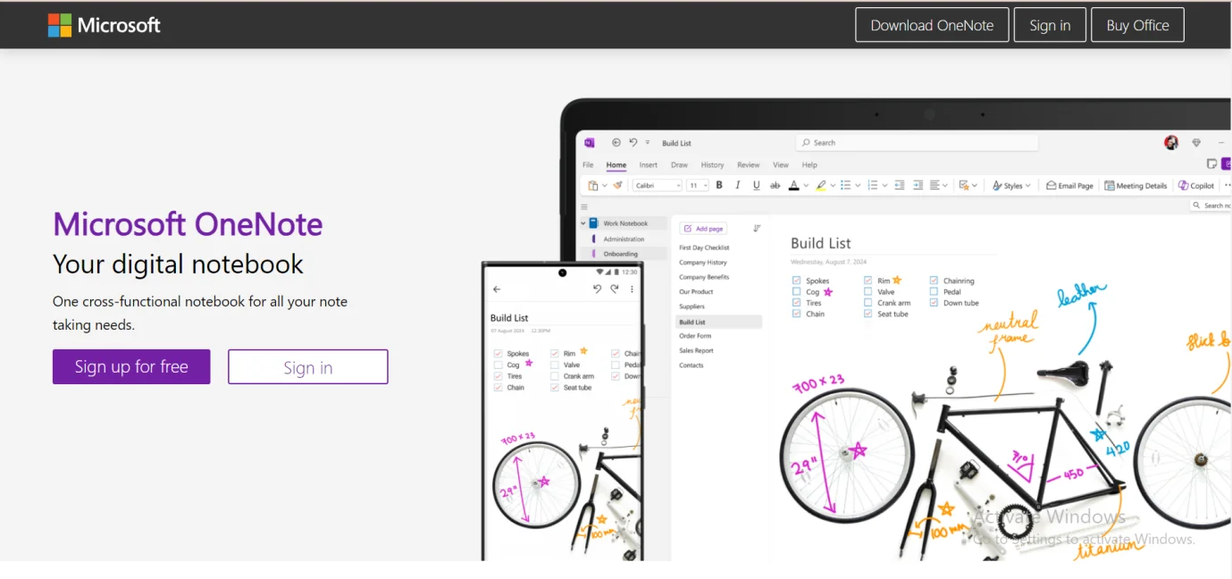 Screenshot of the OneNote website homepage, displaying the main navigation menu, featured content about note-taking features, and options to download or sign in to OneNote.