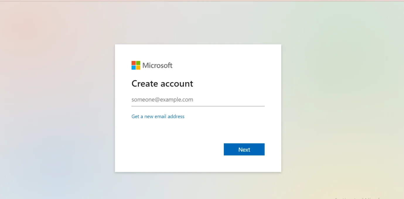 Screenshot of the OneNote website 'Create Account' page, displaying fields for entering an email address, a 'Next' button for account creation.