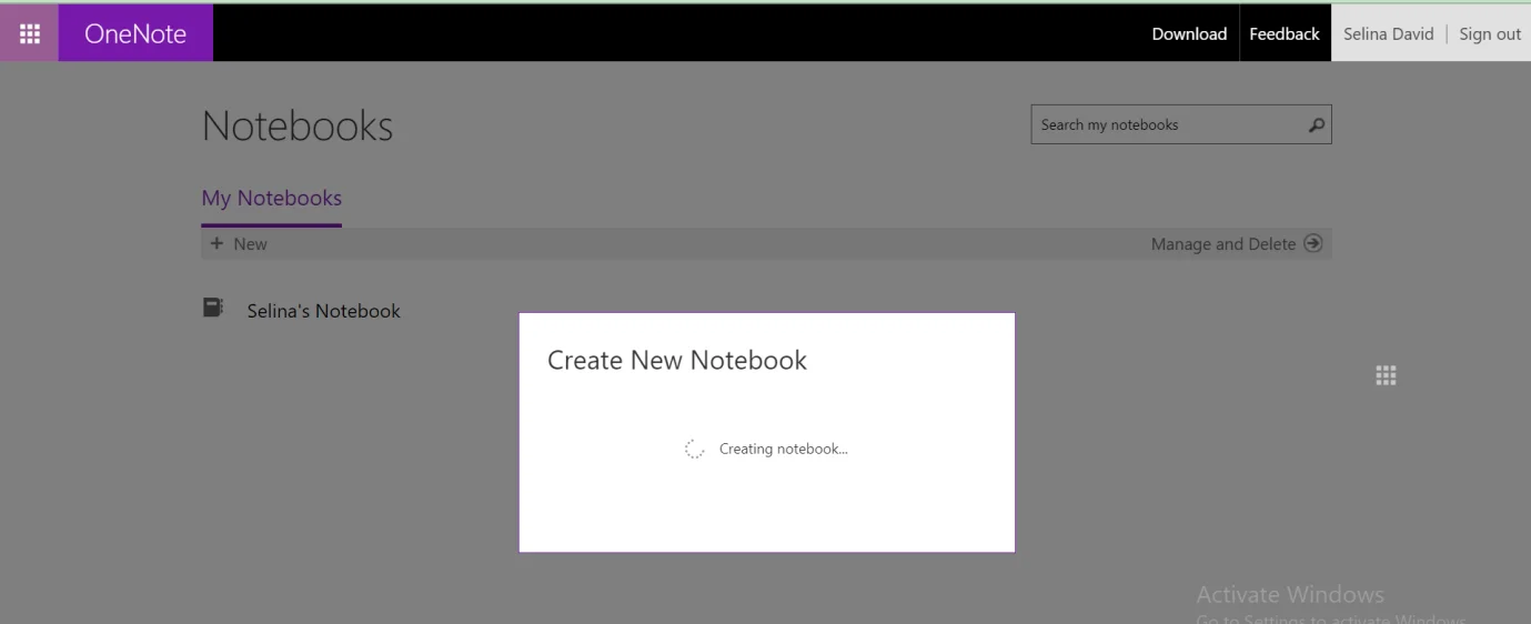 Screenshot of the process of creating a new notebook in OneNote, showing the 'Create a New Notebook' dialog box with fields to enter the notebook name, choose the save location, and a 'Create' button to finalize the process.