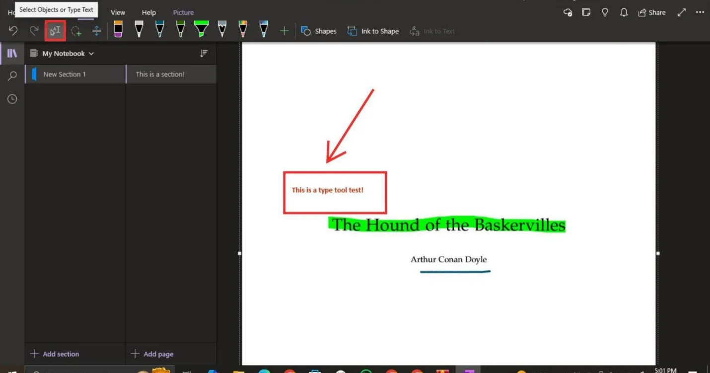 selecting the type tool from the draw tab and adding comments onto the pdf printout