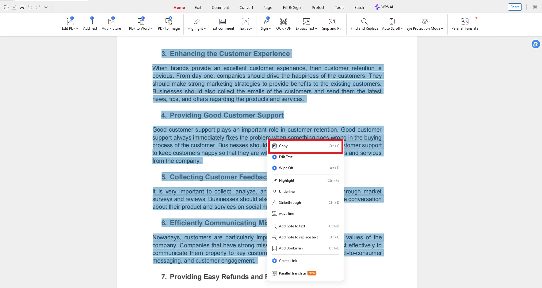 Copying the Content in WPS Office