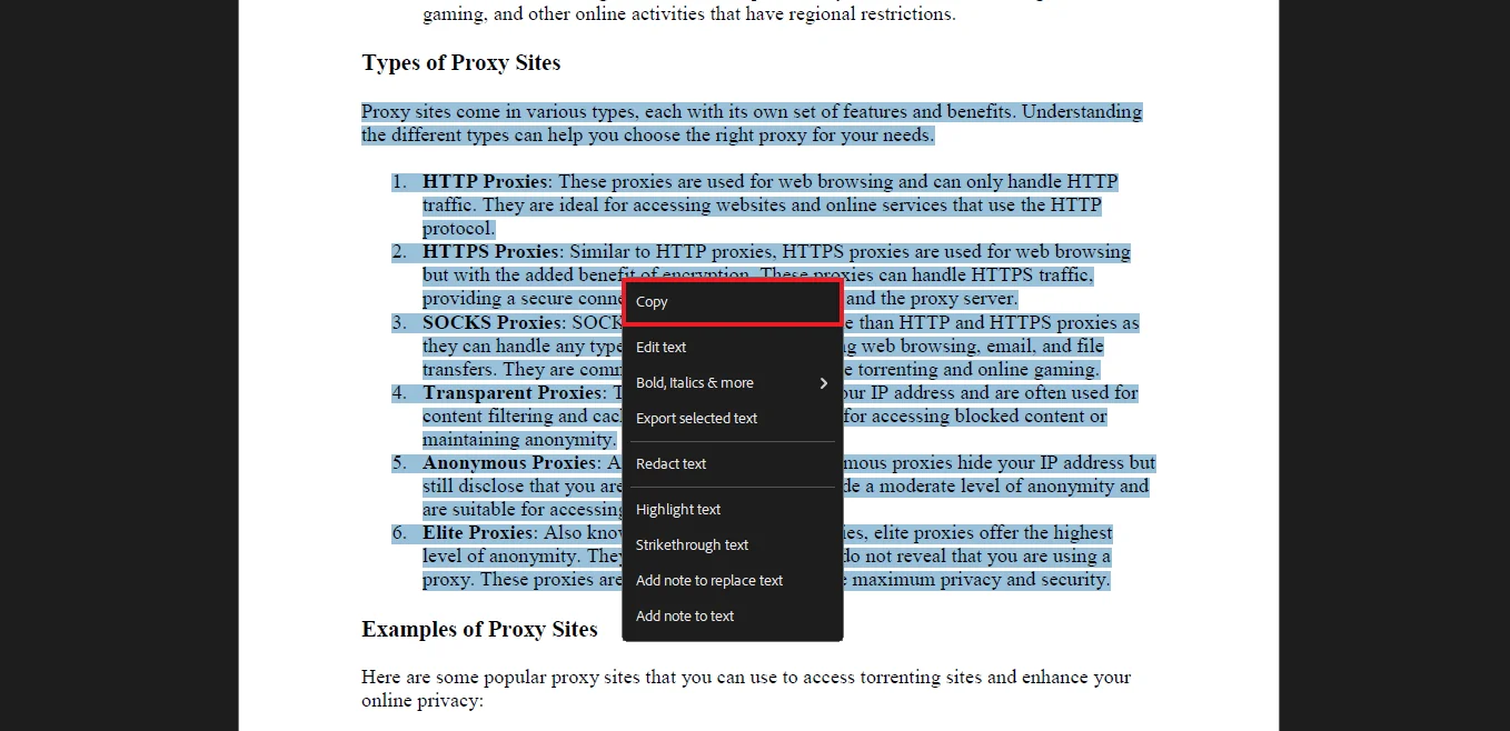 Copying the Content in Adobe Acrobat Reader