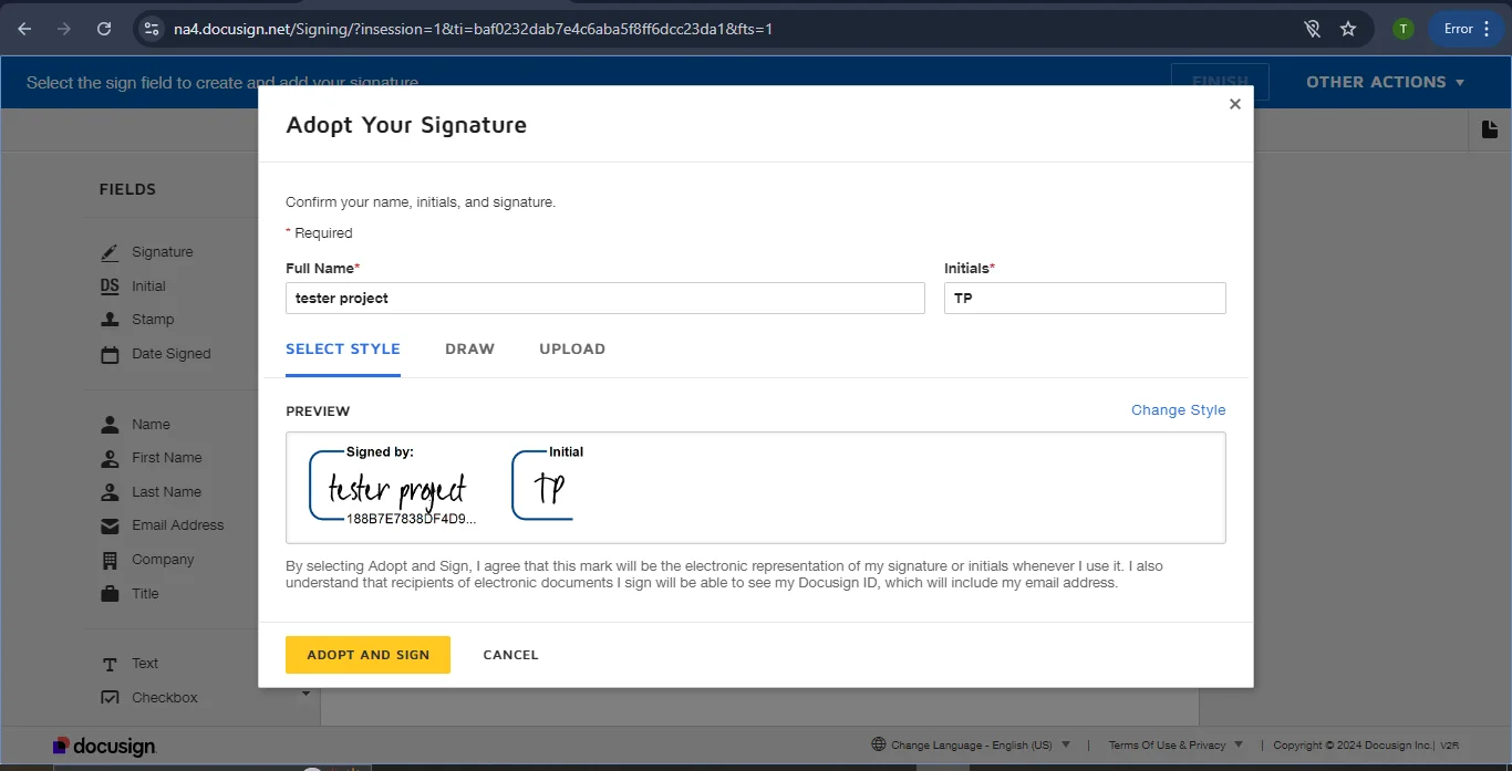 a window labelled adopt your signature appears