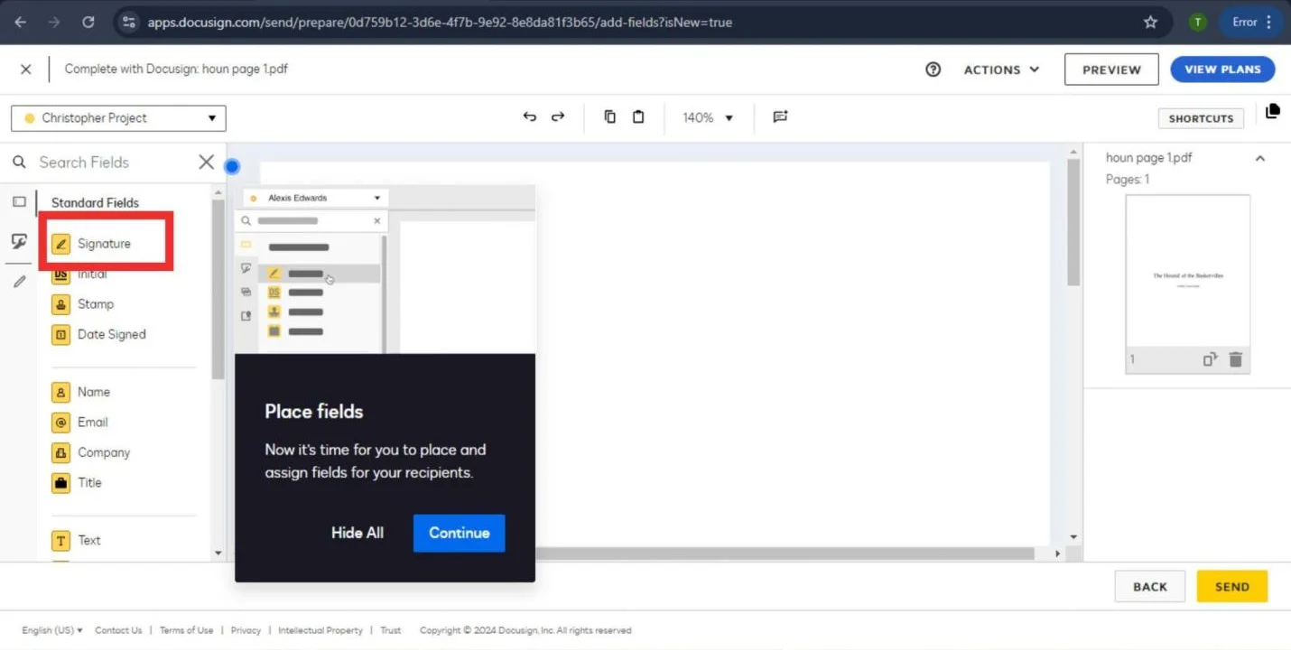 selecting signature field from the left 