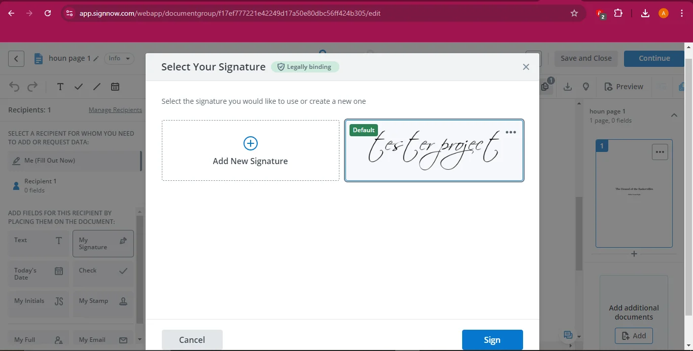 choosing the default signature or creating your own