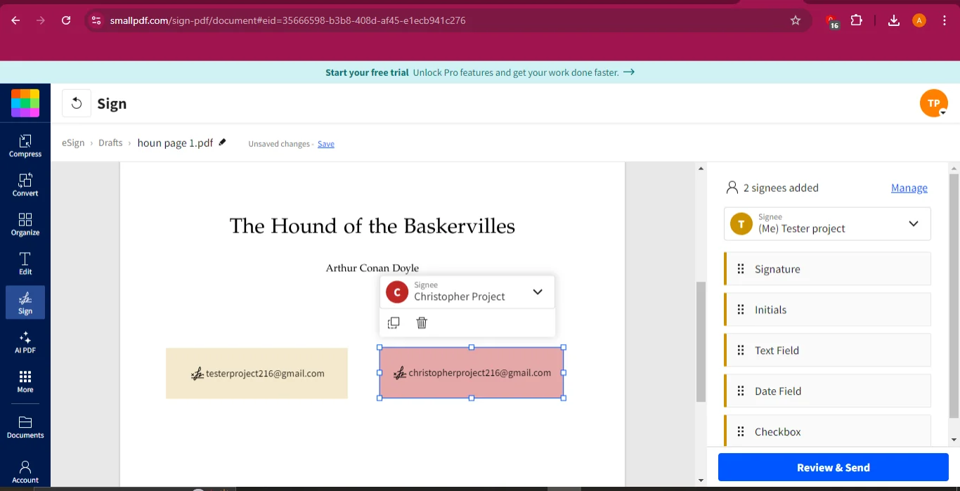 placing the signature fields for each signee on the document