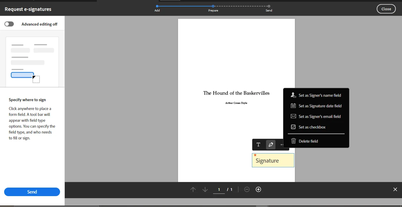 placing signature fields on the document