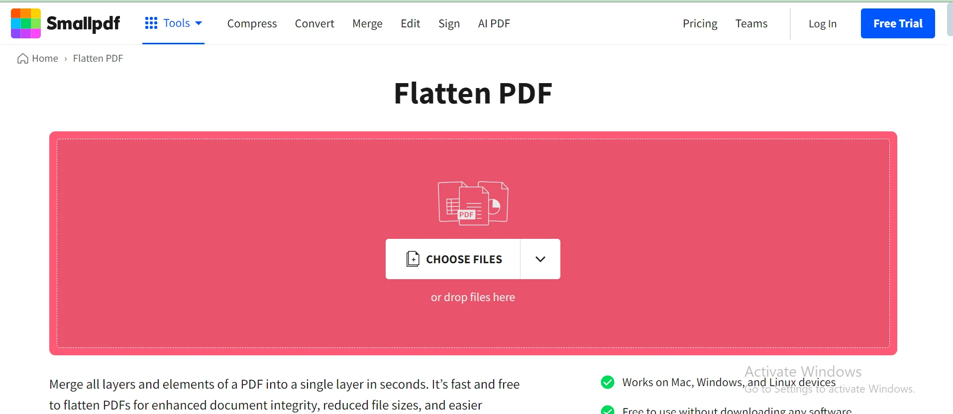 Screenshot of the Smallpdf website's Flatten PDF page, displaying options to flatten interactive PDF elements such as forms, annotations, and layers. The page features a prominent Choose Files button to select a PDF file for flattening.