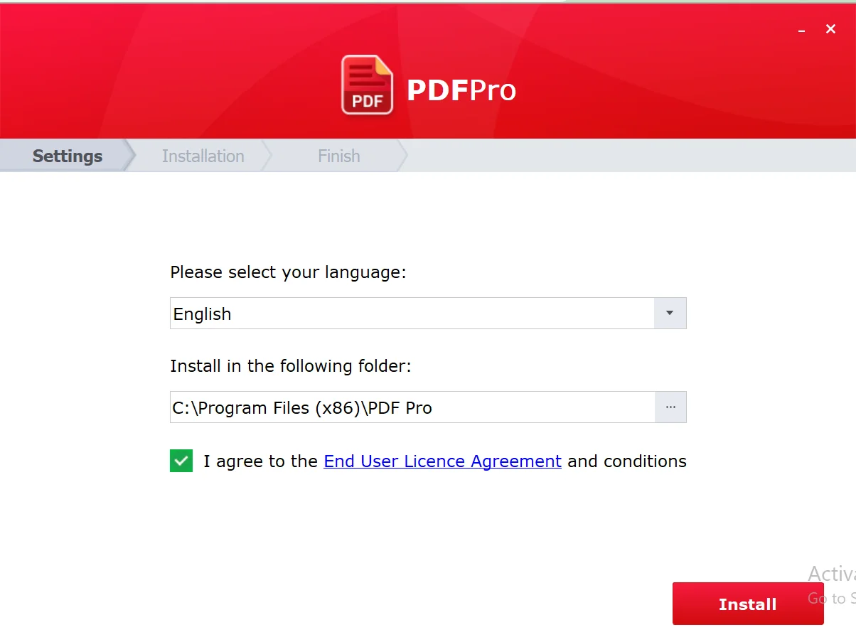 Screenshot of the PDF Pro application installation screen on a laptop, showing the installation interface with options to select your language, selecting the folder for installation, and agreeing to terms and conditions.