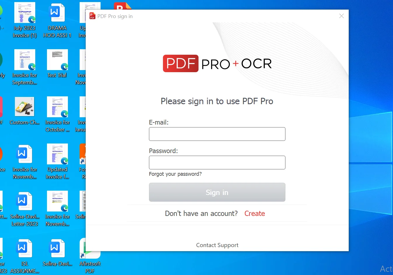 Screenshot of the PDF Pro application displaying the 'Create Account' window. The window includes fields for entering user information such as  email address and password.