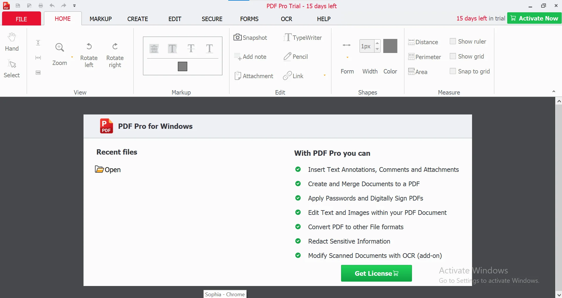 Screenshot of the PDF Pro application home screen, showcasing the main interface with options for various PDF tools such as editing, merging, converting, and compressing PDFs.