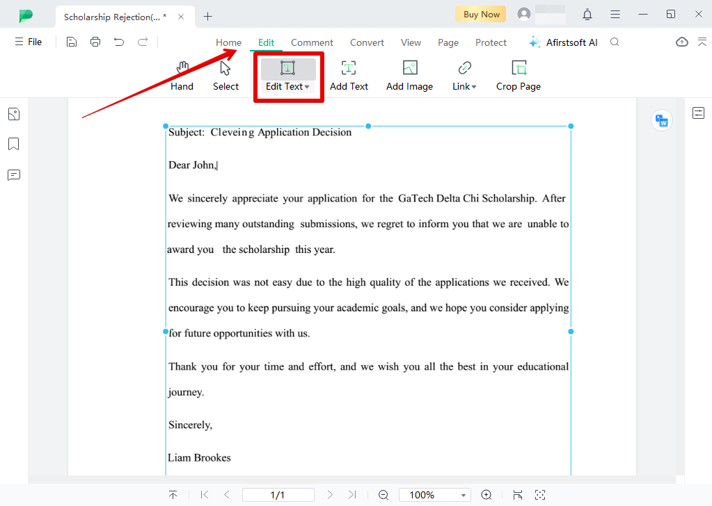 editing rejection letter template in Afirstsoft PDF