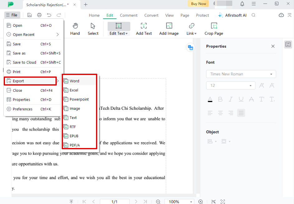 exporting rejection letter from Afirstsoft PDF