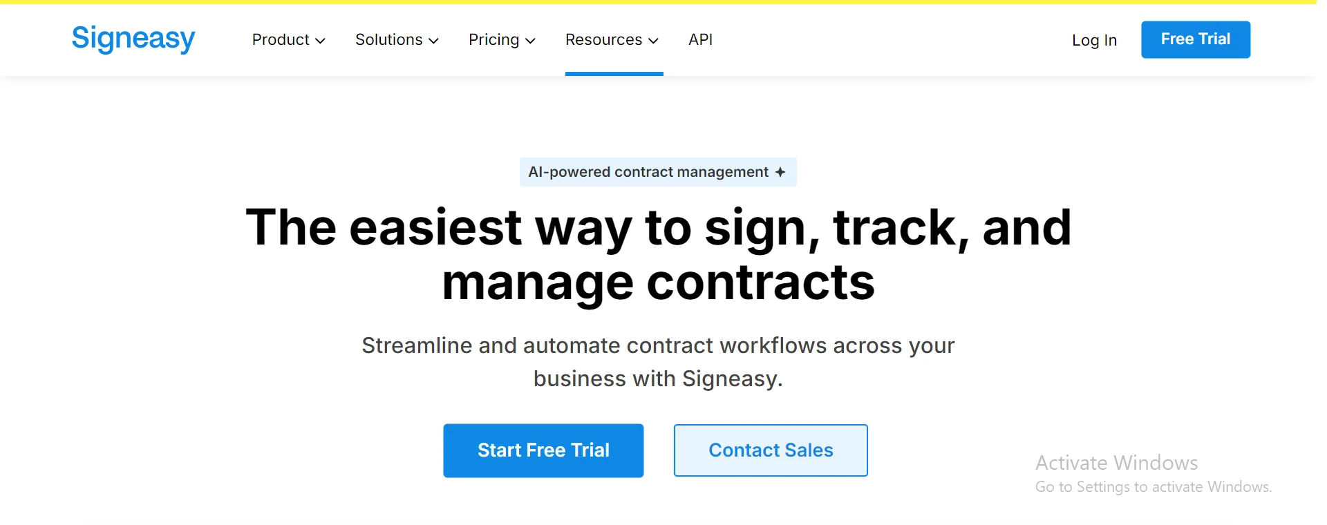 Screenshot of the home page of the Sign Easy tool with options to log in, start a free trial and contact sales. The page also include menu for products, solutions, pricing, resources, and API.