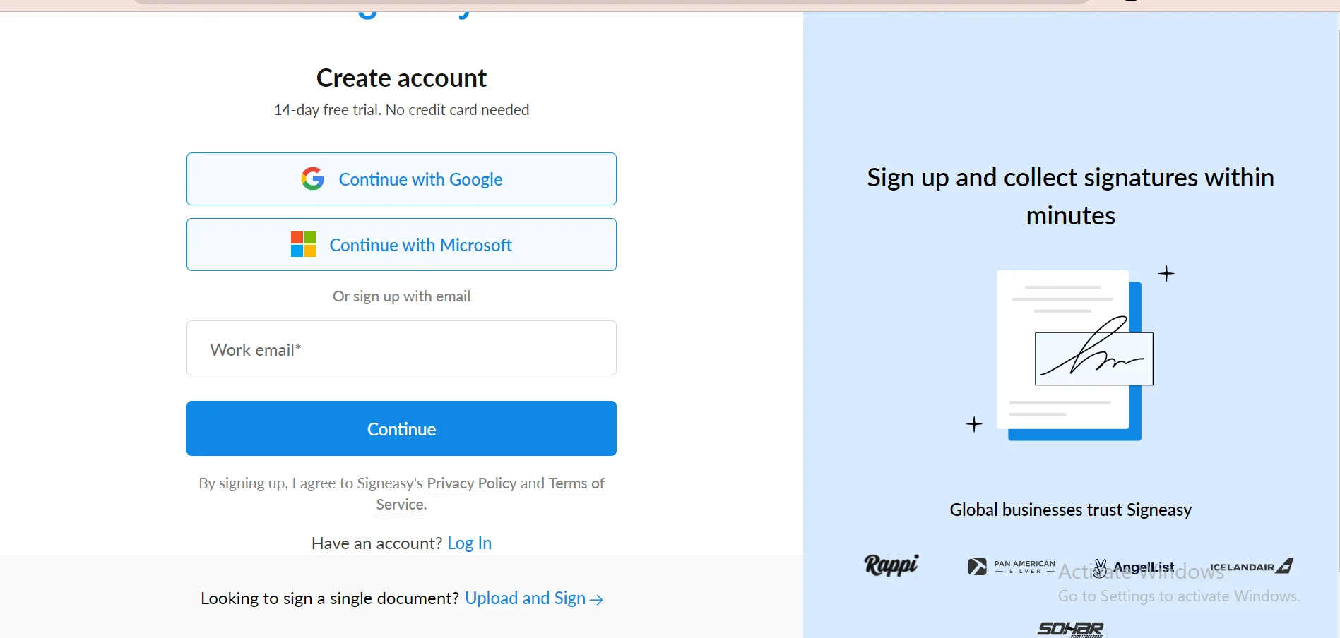 Screenshot of the Sign Easy desktop application 'Create an Account' for free trail page. The screen shows fields for entering personal information such as email and button to create a new account. There are also options to sign up using Google or other services.