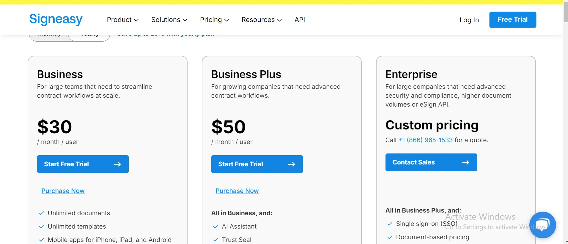 Screenshot of the Sign Easy pricing models page displaying different subscription plans and features. The image shows various pricing tiers, including options like Business, Business Plus, and Enterprise, with details on features.