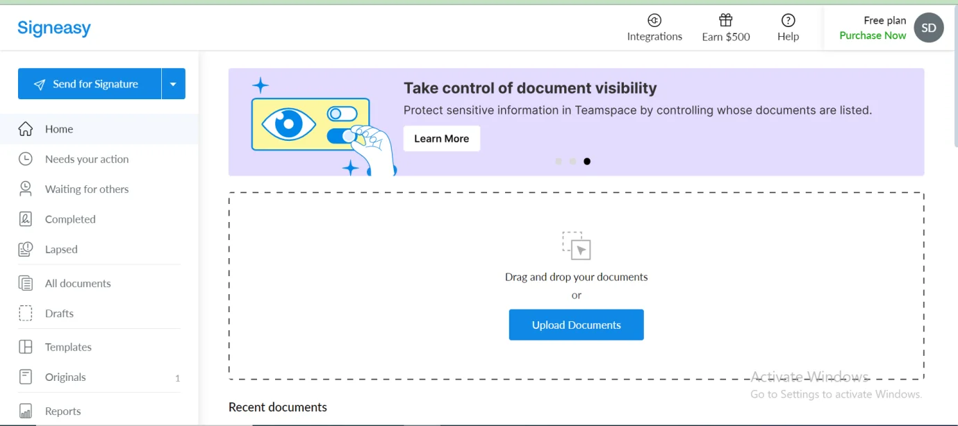 Screenshot of the Sign Easy desktop application home screen displaying options for uploading documents, creating new signable contracts, and managing recent files. The interface features buttons for adding signatures, initials, and requesting signatures.